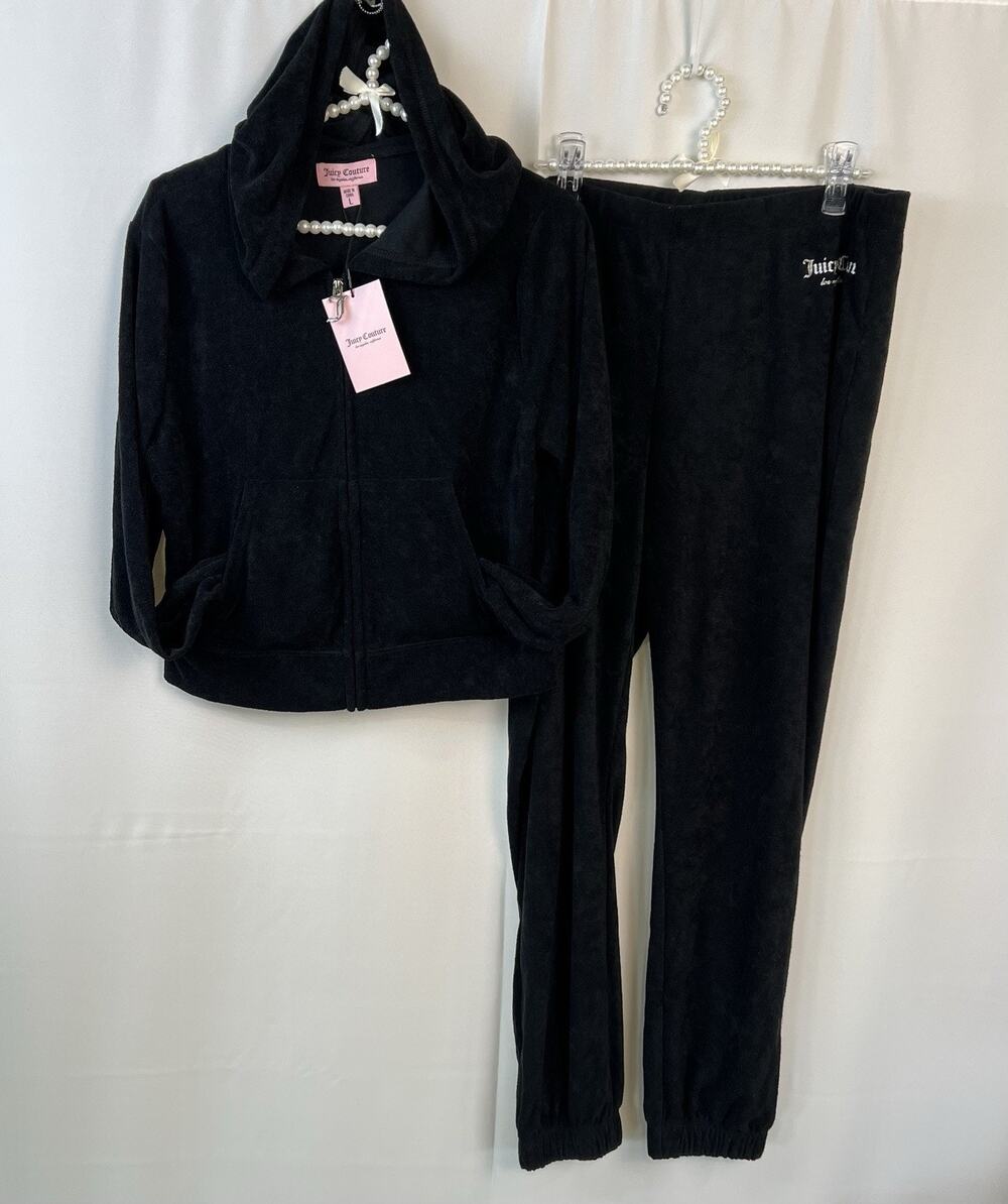 Juicy Couture Black Terry Tracksuit Cropped Hoodie Long Sleeve Size L NWT